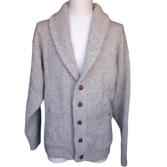 Wool Cardigan Button Up Sweater SZ L Grey & Tan Heavy Weight Shawl Collar Men's - Picture 1 of 15